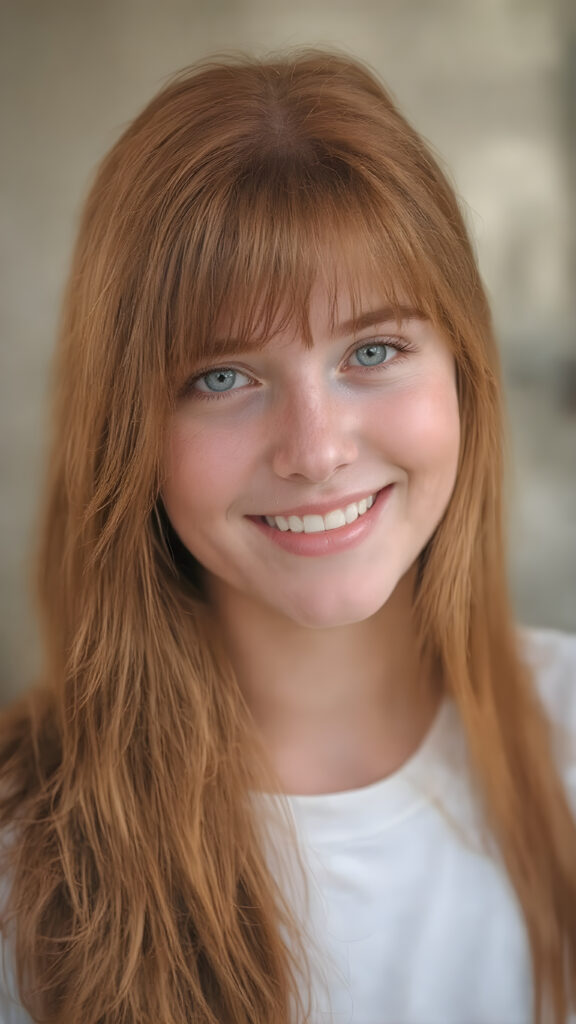 a (((highly detailed and realistic full-body photograph))), featuring a (((beautiful young ginger teen girl, freckles))) with ((extremely long, thick, soft straight and detailed red hair, frame her face beautifully)) that flows down and perfectly natural skin that complements her flawless complexion. She’s smiling warmly white teeth, against a backdrop natural light and gold. Light green eyes add a pop of color to the scene.