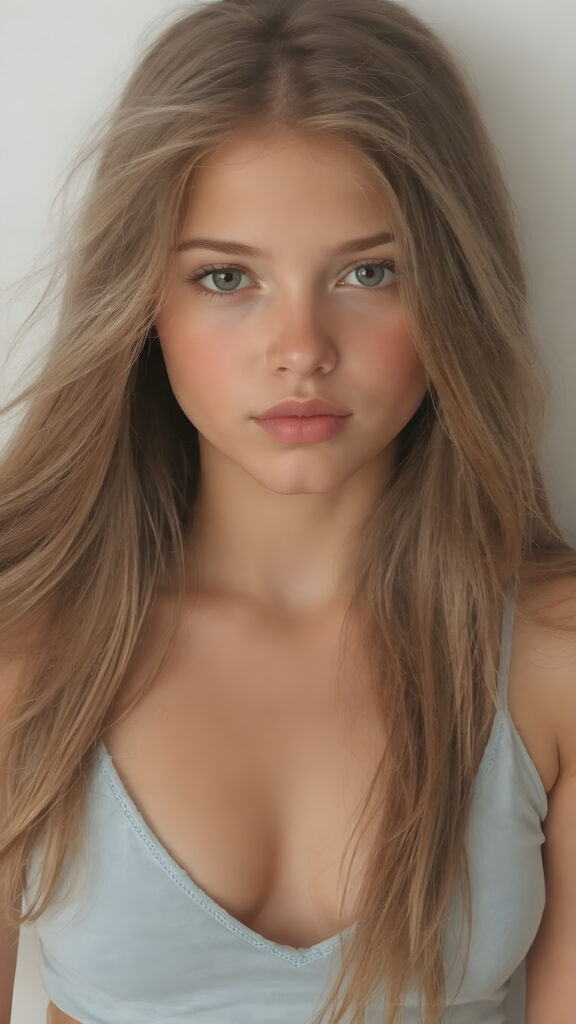 a (((highly detailed portrait))), featuring a (((beautiful young innocent well busty girl, 15 years old))) with a ((tanned skin)), luxurious and flowing ((long soft straight light brown hair)), round face, full lips, dressed in a ((light blue crop top)), deep v-neck, wide open front