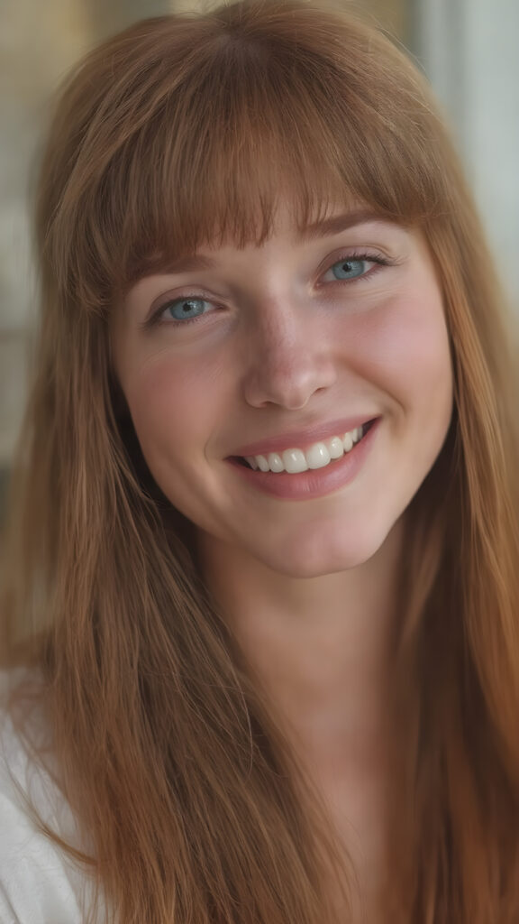 a (((highly detailed and realistic full-body photograph))), featuring a (((beautiful young ginger woman, freckles))) with ((extremely long, thick, soft straight and detailed red hair)) that flows down and perfectly natural skin that complements her flawless complexion. She’s smiling warmly white teeth, against a backdrop natural light and gold, with her artfully styled in a loose bangs frame her face beautifully. Light green eyes add a pop of color to the scene.