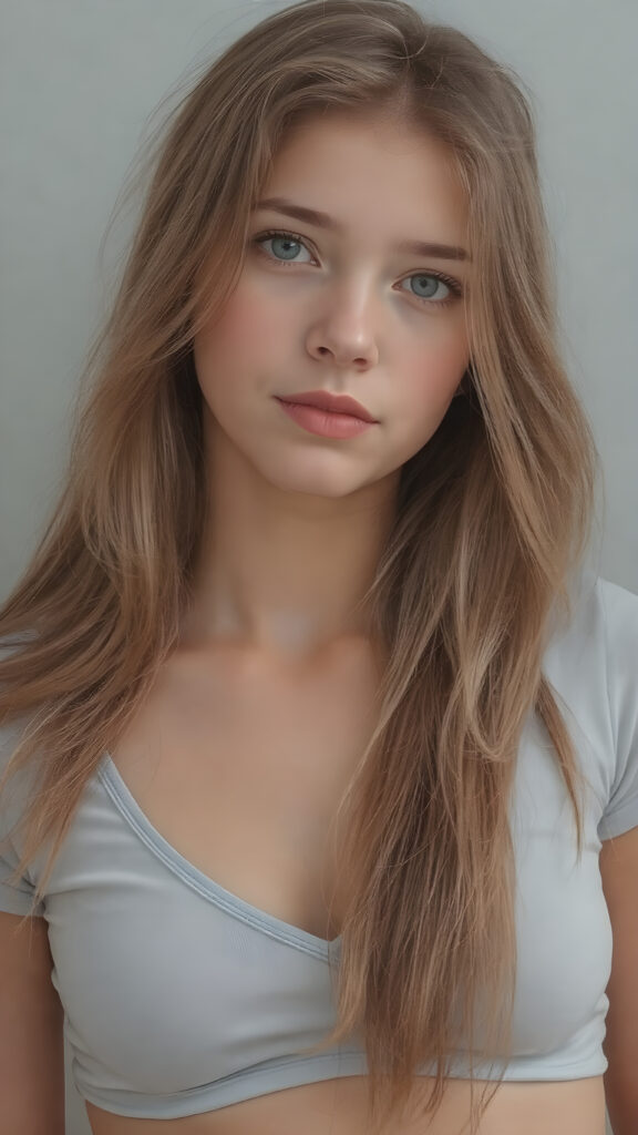 a (((highly detailed portrait))), featuring a (((beautiful young innocent well busty girl, 15 years old))) with a ((tanned skin)), luxurious and flowing ((long soft straight light brown hair)), round face, full lips, dressed in a ((light blue crop top)), deep v-neck, wide open front