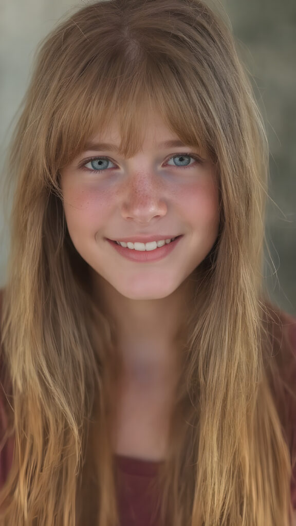 a (((highly detailed and realistic full-body photograph))), featuring a (((beautiful young ginger girl, freckles))) with ((extremely long, thick, soft straight and detailed hair)) that flows down and perfectly natural (pale skin) that complements her flawless complexion. She’s smiling warmly white teeth, against a backdrop of natural light, with her ((natural ginger hair)) artfully styled in a loose bangs frame her face beautifully. Light green eyes add a pop of color to the scene