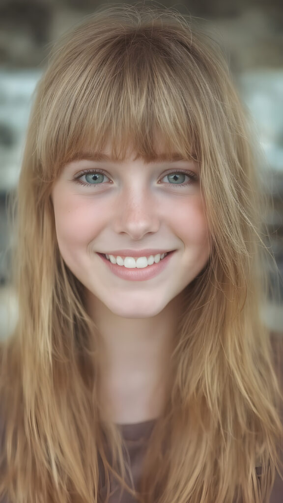 a (((highly detailed and realistic full-body photograph))), featuring a (((beautiful young ginger girl, freckles))) with ((extremely long, thick, soft straight and detailed hair)) that flows down and perfectly natural (pale skin) that complements her flawless complexion. She’s smiling warmly white teeth, against a backdrop of natural light, with her ((natural ginger hair)) artfully styled in a loose bangs frame her face beautifully. Light green eyes add a pop of color to the scene