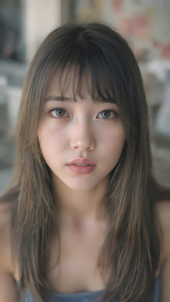 a (((highly detailed))) (((professional photograph))), capturing a cute, beautiful, realistic, with intricate details, (((Japanese teen girl))) with (long, straight jet brown soft hair, bangs) (black eye shadows) and (melancholic sad eyes) that convey a sense of (being let down) by not getting the guy she wanted (who seems to be out of her league, with a (super cute face) that exudes (perfect beauty), featuring (large, glowing red lips) for a (full, realistic mouth) and (vividly blue eyes). She's (dressed in a sleek, cropped short blue tank top), her makeup is (gothic fantasy) inspired, with (black eye shadows) and (black eyelids) that frame her face beautifully. Every detail is (hyper realistic) and (highly detailed), from the (guy's perspective) looking into the camera with a (super wide angle) shot, full body, with the (girl) slightly smiling and (blushing) in a (friendly, warm outdoor setting), Asian Style