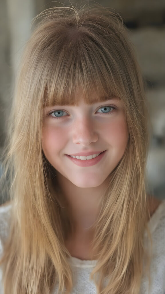 a (((highly detailed and realistic full-body photograph))), featuring a (((beautiful young ginger girl, freckles))) with ((extremely long, thick, soft straight and detailed hair)) that flows down and perfectly natural (pale skin) that complements her flawless complexion. She’s smiling warmly white teeth, against a backdrop of natural light, with her ((natural ginger hair)) artfully styled in a loose bangs frame her face beautifully. Light green eyes add a pop of color to the scene