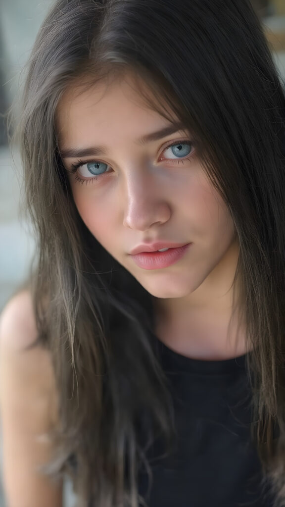 a (((highly detailed))) (((professional photograph))), capturing a cute, beautiful, realistic, with intricate details, (((teen girl))) with (long, straight jet black soft hair) (black eye shadows) and (melancholic sad eyes) that convey a sense of (being let down) by not getting the guy she wanted (who seems to be out of her league, with a (super cute face) that exudes (perfect beauty), featuring (large, glowing red lips) for a (full, realistic mouth) and (vividly blue eyes). She's (dressed in a sleek, cropped short tank top), her makeup is (gothic fantasy) inspired, with (black eye shadows) and (black eyelids) that frame her face beautifully. Every detail is (hyper realistic) and (highly detailed), from the (guy's perspective) looking into the camera with a (super wide angle) shot, full body, with the (girl) slightly smiling and (blushing) in a (friendly, warm outdoor setting)