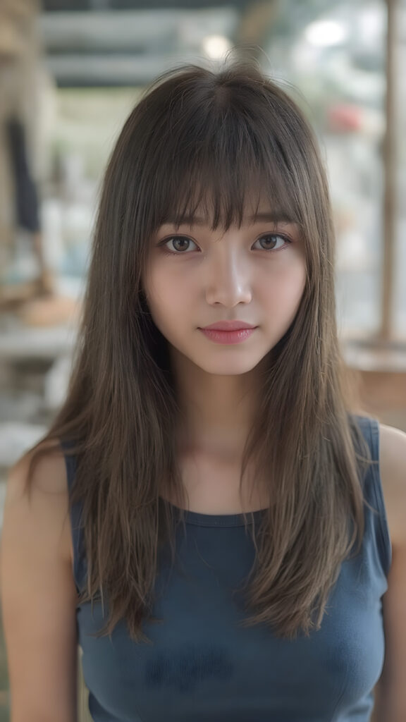 a (((highly detailed))) (((professional photograph))), capturing a cute, beautiful, realistic, with intricate details, (((Japanese teen girl))) with (long, straight jet brown soft hair, bangs) (black eye shadows) and (melancholic sad eyes) that convey a sense of (being let down) by not getting the guy she wanted (who seems to be out of her league, with a (super cute face) that exudes (perfect beauty), featuring (large, glowing red lips) for a (full, realistic mouth) and (vividly blue eyes). She's (dressed in a sleek, cropped short blue tank top), her makeup is (gothic fantasy) inspired, with (black eye shadows) and (black eyelids) that frame her face beautifully. Every detail is (hyper realistic) and (highly detailed), from the (guy's perspective) looking into the camera with a (super wide angle) shot, full body, with the (girl) slightly smiling and (blushing) in a (friendly, warm outdoor setting), Asian Style