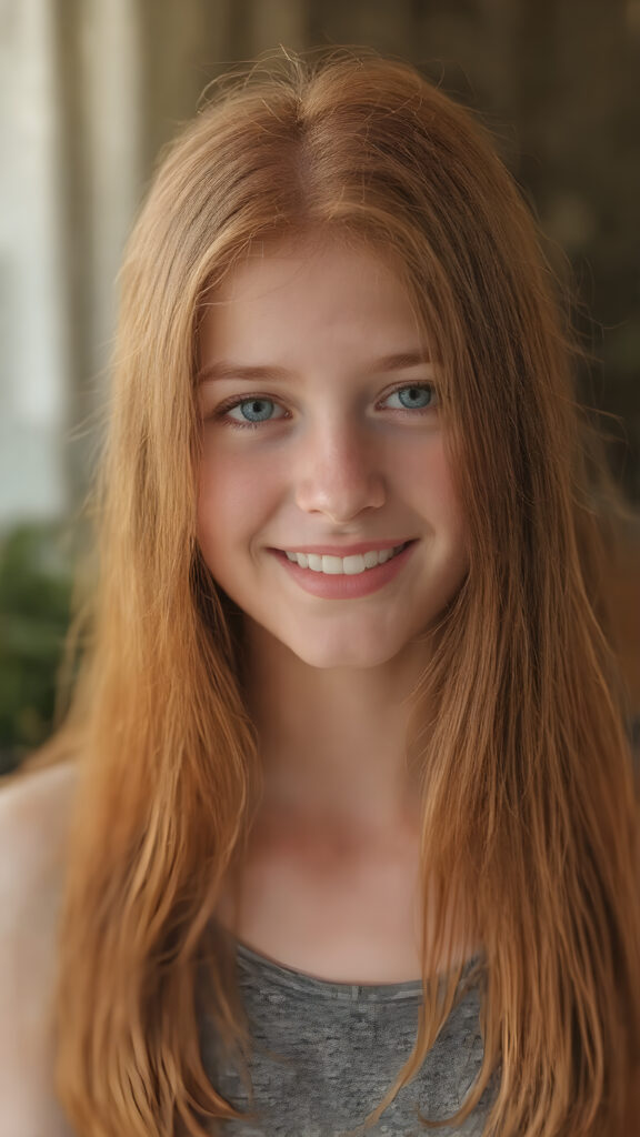 a (((highly detailed and realistic full-body photograph))), featuring a (((beautiful young ginger teen girl, freckles))) with ((extremely long, thick, soft straight and detailed red hair, frame her face beautifully)) that flows down and perfectly natural skin that complements her flawless complexion. She’s smiling warmly white teeth, against a backdrop natural light and gold. Light green eyes add a pop of color to the scene.