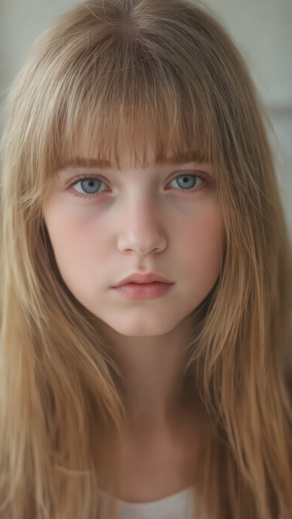 A (((highly detailed and realistic full-body photograph))), featuring a (((beautiful young girl))) with ((extremely long, thick, soft straight hair)) that flows down (soft and gentle) and perfectly natural (pale skin) that complements her flawless complexion, against a backdrop of natural light, with her ((natural ginger red hair)) artfully styled in a loose bangs frame her face beautifully, looks direct in your eyes