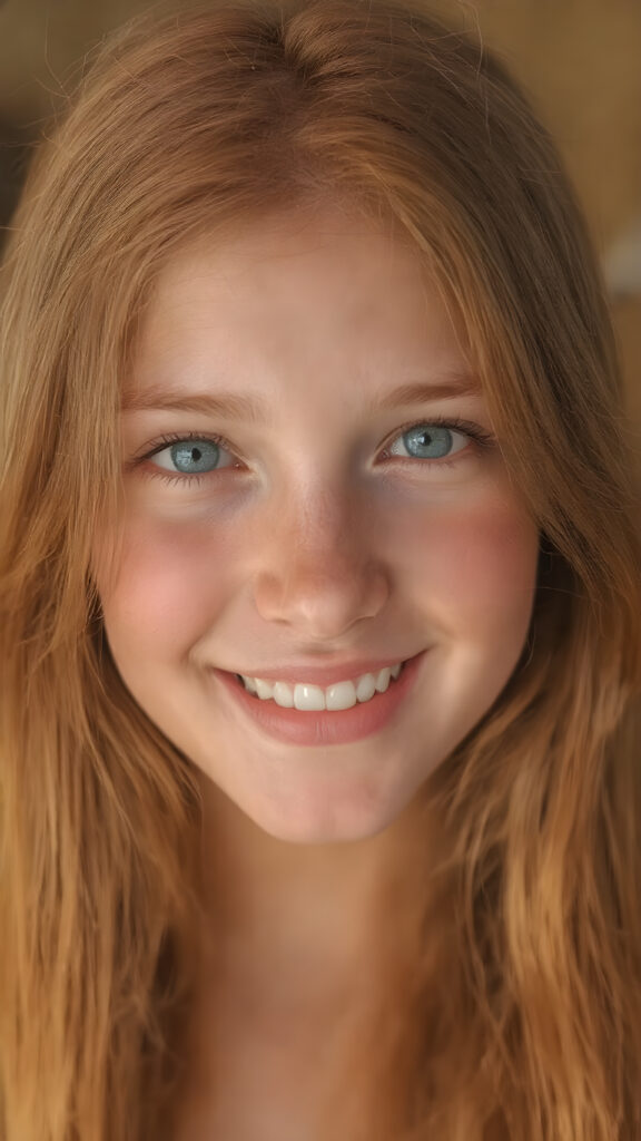 a (((highly detailed and realistic full-body photograph))), featuring a (((beautiful young ginger teen girl, freckles))) with ((extremely long, thick, soft straight and detailed red hair, frame her face beautifully)) that flows down and perfectly natural skin that complements her flawless complexion. She’s smiling warmly white teeth, against a backdrop natural light and gold. Light green eyes add a pop of color to the scene.