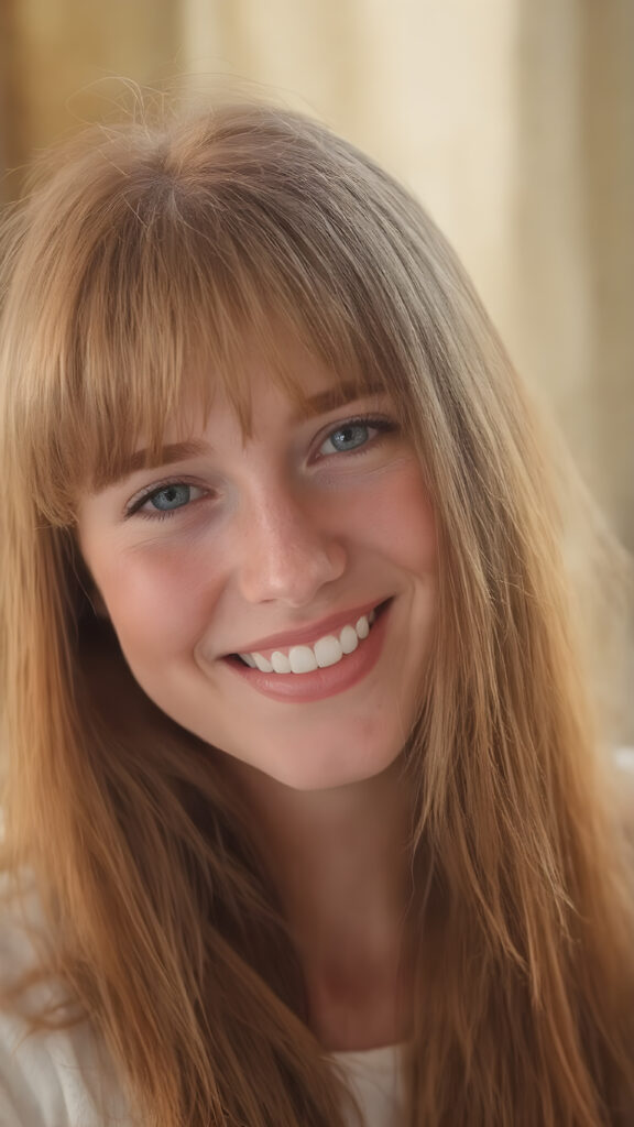 a (((highly detailed and realistic full-body photograph))), featuring a (((beautiful young ginger woman, freckles))) with ((extremely long, thick, soft straight and detailed red hair)) that flows down and perfectly natural skin that complements her flawless complexion. She’s smiling warmly white teeth, against a backdrop natural light and gold, with her artfully styled in a loose bangs frame her face beautifully. Light green eyes add a pop of color to the scene.