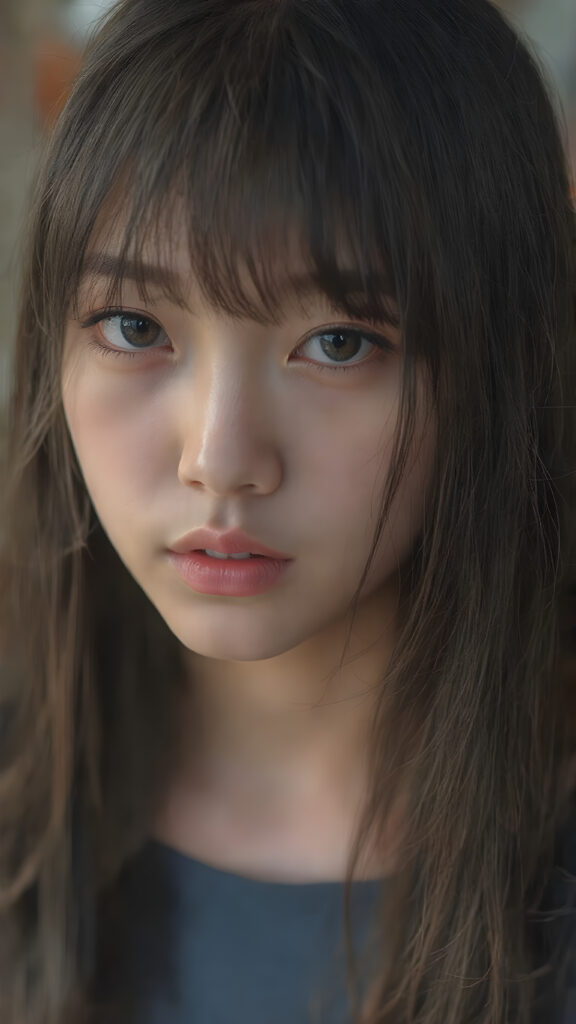 a (((highly detailed))) (((professional photograph))), capturing a cute, beautiful, realistic, with intricate details, (((Japanese teen girl))) with (long, straight jet brown soft hair, bangs) (black eye shadows) and (melancholic sad eyes) that convey a sense of (being let down) by not getting the guy she wanted (who seems to be out of her league, with a (super cute face) that exudes (perfect beauty), featuring (large, glowing red lips) for a (full, realistic mouth) and (vividly blue eyes). She's (dressed in a sleek, cropped short blue tank top), her makeup is (gothic fantasy) inspired, with (black eye shadows) and (black eyelids) that frame her face beautifully. Every detail is (hyper realistic) and (highly detailed), from the (guy's perspective) looking into the camera with a (super wide angle) shot, full body, with the (girl) slightly smiling and (blushing) in a (friendly, warm outdoor setting), Asian Style