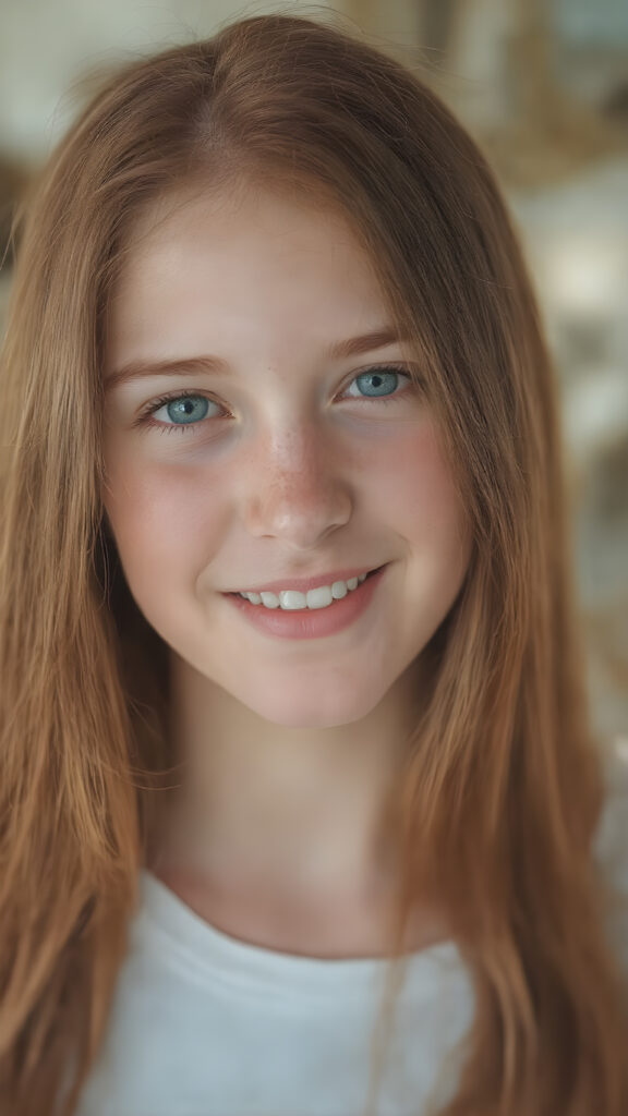 a (((highly detailed and realistic full-body photograph))), featuring a (((beautiful young ginger teen girl, freckles))) with ((extremely long, thick, soft straight and detailed red hair, frame her face beautifully)) that flows down and perfectly natural skin that complements her flawless complexion. She’s smiling warmly white teeth, against a backdrop natural light and gold. Light green eyes add a pop of color to the scene.