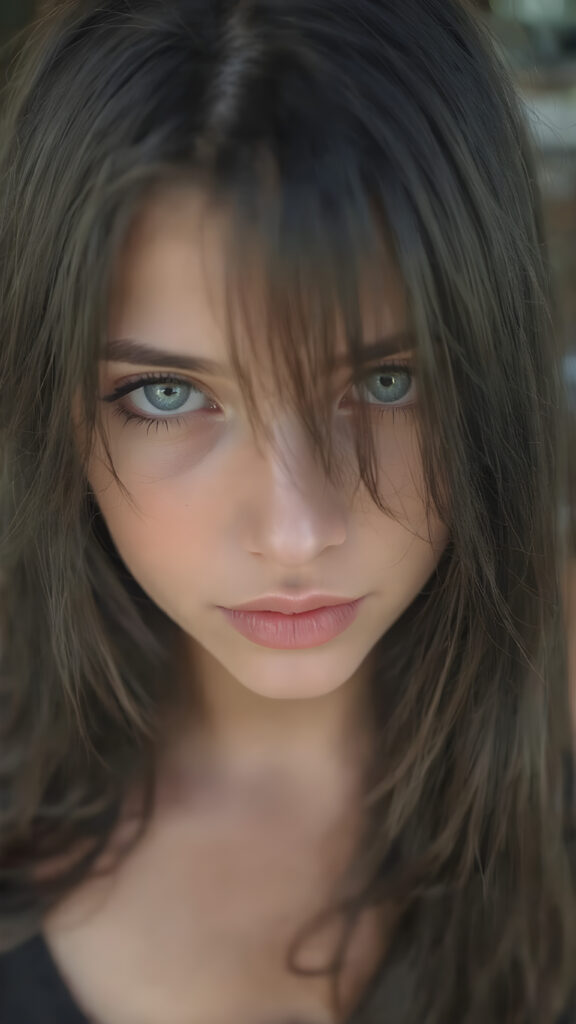 a (((highly detailed))) (((professional photograph))), capturing a cute, beautiful, realistic, with intricate details, (((teen girl))) with (long, straight jet black soft hair) (black eye shadows) and (melancholic sad eyes) that convey a sense of (being let down) by not getting the guy she wanted (who seems to be out of her league, with a (super cute face) that exudes (perfect beauty), featuring (large, glowing red lips) for a (full, realistic mouth) and (vividly blue eyes). She's (dressed in a sleek, cropped short tank top), her makeup is (gothic fantasy) inspired, with (black eye shadows) and (black eyelids) that frame her face beautifully. Every detail is (hyper realistic) and (highly detailed), from the (guy's perspective) looking into the camera with a (super wide angle) shot, full body, with the (girl) slightly smiling and (blushing) in a (friendly, warm outdoor setting)