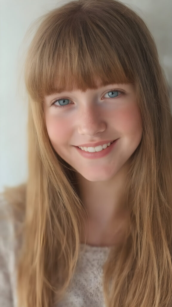 a (((highly detailed and realistic full-body photograph))), featuring a (((beautiful young ginger girl, freckles))) with ((extremely long, thick, soft straight and detailed hair)) that flows down and perfectly natural (pale skin) that complements her flawless complexion. She’s smiling warmly white teeth, against a backdrop of natural light, with her ((natural ginger hair)) artfully styled in a loose bangs frame her face beautifully. Light green eyes add a pop of color to the scene