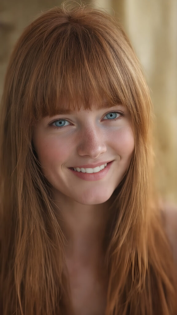 a (((highly detailed and realistic full-body photograph))), featuring a (((beautiful young ginger woman, freckles))) with ((extremely long, thick, soft straight and detailed red hair)) that flows down and perfectly natural skin that complements her flawless complexion. She’s smiling warmly white teeth, against a backdrop natural light and gold, with her artfully styled in a loose bangs frame her face beautifully. Light green eyes add a pop of color to the scene.