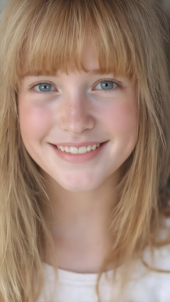 a (((highly detailed and realistic full-body photograph))), featuring a (((beautiful young ginger girl, freckles))) with ((extremely long, thick, soft straight and detailed hair)) that flows down and perfectly natural (pale skin) that complements her flawless complexion. She’s smiling warmly white teeth, against a backdrop of natural light, with her ((natural ginger hair)) artfully styled in a loose bangs frame her face beautifully. Light green eyes add a pop of color to the scene