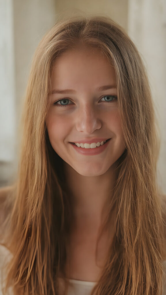 a (((highly detailed and realistic full-body photograph))), featuring a (((beautiful young ginger teen girl, freckles))) with ((extremely long, thick, soft straight and detailed red hair, frame her face beautifully)) that flows down and perfectly natural skin that complements her flawless complexion. She’s smiling warmly white teeth, against a backdrop natural light and gold. Light green eyes add a pop of color to the scene.