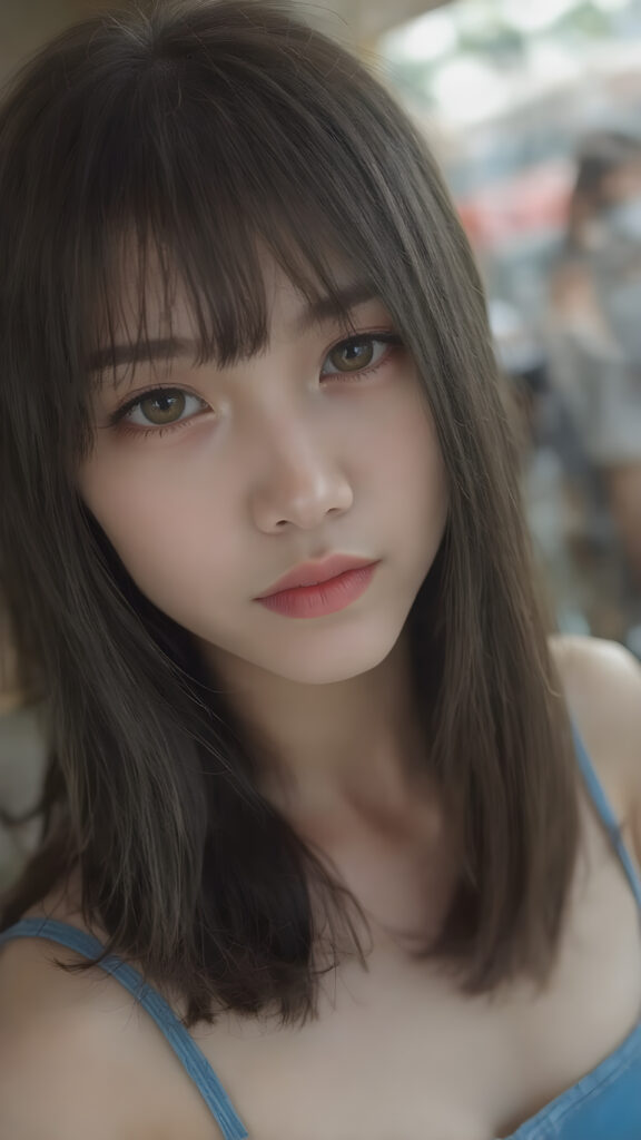 a (((highly detailed))) (((professional photograph))), capturing a cute, beautiful, realistic, with intricate details, (((Japanese teen girl))) with (long, straight jet brown soft hair, bangs) (black eye shadows) and (melancholic sad eyes) that convey a sense of (being let down) by not getting the guy she wanted (who seems to be out of her league, with a (super cute face) that exudes (perfect beauty), featuring (large, glowing red lips) for a (full, realistic mouth) and (vividly blue eyes). She's (dressed in a sleek, cropped short blue tank top), her makeup is (gothic fantasy) inspired, with (black eye shadows) and (black eyelids) that frame her face beautifully. Every detail is (hyper realistic) and (highly detailed), from the (guy's perspective) looking into the camera with a (super wide angle) shot, full body, with the (girl) slightly smiling and (blushing) in a (friendly, warm outdoor setting), Asian Style