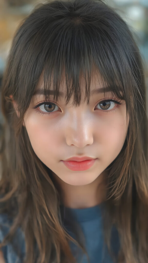 a (((highly detailed))) (((professional photograph))), capturing a cute, beautiful, realistic, with intricate details, (((Japanese teen girl))) with (long, straight jet brown soft hair, bangs) (black eye shadows) and (melancholic sad eyes) that convey a sense of (being let down) by not getting the guy she wanted (who seems to be out of her league, with a (super cute face) that exudes (perfect beauty), featuring (large, glowing red lips) for a (full, realistic mouth) and (vividly blue eyes). She's (dressed in a sleek, cropped short blue tank top), her makeup is (gothic fantasy) inspired, with (black eye shadows) and (black eyelids) that frame her face beautifully. Every detail is (hyper realistic) and (highly detailed), from the (guy's perspective) looking into the camera with a (super wide angle) shot, full body, with the (girl) slightly smiling and (blushing) in a (friendly, warm outdoor setting), Asian Style