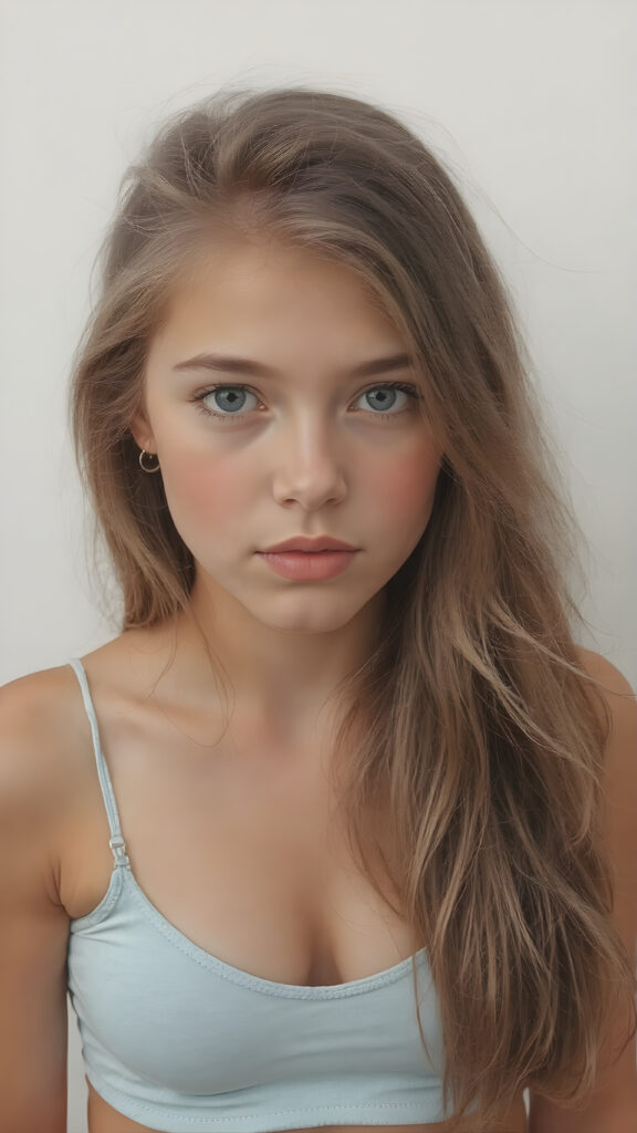 a (((highly detailed portrait))), featuring a (((beautiful young innocent well busty girl, 15 years old))) with a ((tanned skin)), luxurious and flowing ((long soft straight light brown hair)), round face, full lips, dressed in a ((light blue crop top)), deep v-neck, wide open front