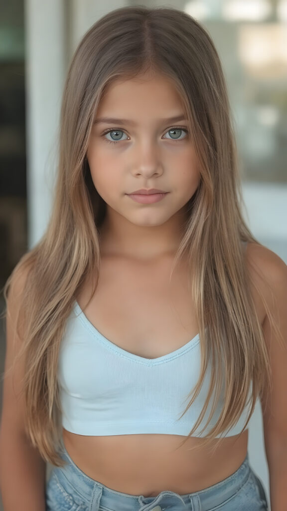 a (((highly detailed and HD full-body portrait))), featuring a (((beautiful young innocent girl, 13 years old))) with a ((tanned and glowing skin)), luxurious and flowing ((long soft straight light brown hair)), dressed in a ((light blue crop top)), deep v-neck, wide open front