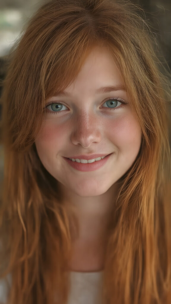 a (((highly detailed and realistic full-body photograph))), featuring a (((beautiful young ginger teen girl, freckles))) with ((extremely long, thick, soft straight and detailed red hair, frame her face beautifully)) that flows down and perfectly natural skin that complements her flawless complexion. She’s smiling warmly white teeth, against a backdrop natural light and gold. Light green eyes add a pop of color to the scene.