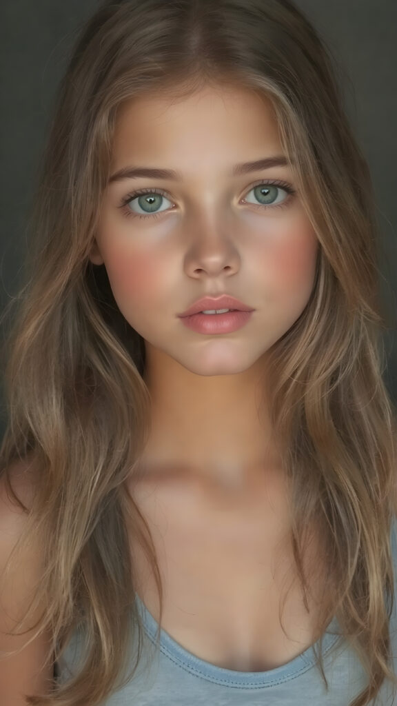 a (((highly detailed portrait))), featuring a (((beautiful young innocent well busty girl, 15 years old))) with a ((tanned skin)), luxurious and flowing ((long soft straight light brown hair)), round face, full lips, dressed in a ((light blue crop top)), deep v-neck, wide open front