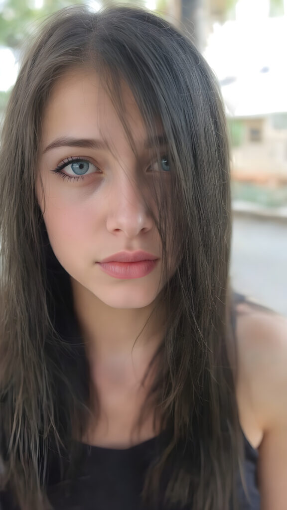 a (((highly detailed))) (((professional photograph))), capturing a cute, beautiful, realistic, with intricate details, (((teen girl))) with (long, straight jet black soft hair) (black eye shadows) and (melancholic sad eyes) that convey a sense of (being let down) by not getting the guy she wanted (who seems to be out of her league, with a (super cute face) that exudes (perfect beauty), featuring (large, glowing red lips) for a (full, realistic mouth) and (vividly blue eyes). She's (dressed in a sleek, cropped short tank top), her makeup is (gothic fantasy) inspired, with (black eye shadows) and (black eyelids) that frame her face beautifully. Every detail is (hyper realistic) and (highly detailed), from the (guy's perspective) looking into the camera with a (super wide angle) shot, full body, with the (girl) slightly smiling and (blushing) in a (friendly, warm outdoor setting)