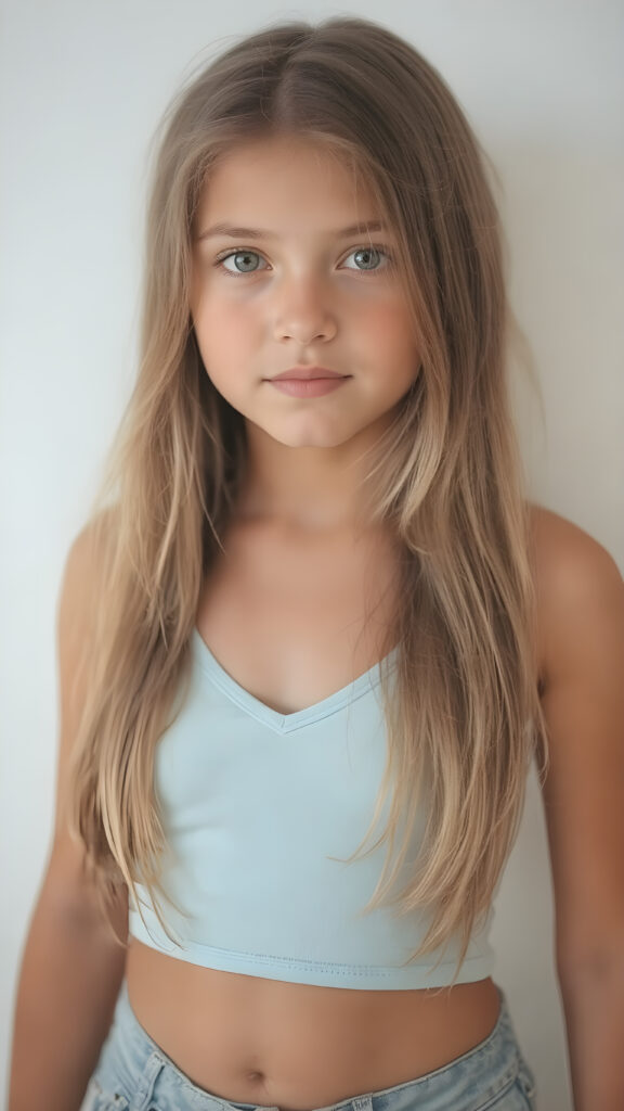 a (((highly detailed and HD full-body portrait))), featuring a (((beautiful young innocent girl, 13 years old))) with a ((tanned and glowing skin)), luxurious and flowing ((long soft straight light brown hair)), dressed in a ((light blue crop top)), deep v-neck, wide open front