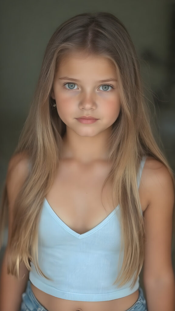 a (((highly detailed and HD full-body portrait))), featuring a (((beautiful young innocent girl, 13 years old))) with a ((tanned and glowing skin)), luxurious and flowing ((long soft straight light brown hair)), dressed in a ((light blue crop top)), deep v-neck, wide open front