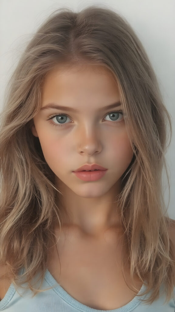 a (((highly detailed portrait))), featuring a (((beautiful young innocent well busty girl, 15 years old))) with a ((tanned skin)), luxurious and flowing ((long soft straight light brown hair)), round face, full lips, dressed in a ((light blue crop top)), deep v-neck, wide open front