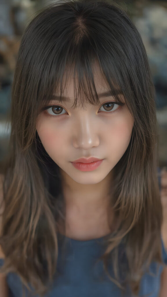 a (((highly detailed))) (((professional photograph))), capturing a cute, beautiful, realistic, with intricate details, (((Japanese teen girl))) with (long, straight jet brown soft hair, bangs) (black eye shadows) and (melancholic sad eyes) that convey a sense of (being let down) by not getting the guy she wanted (who seems to be out of her league, with a (super cute face) that exudes (perfect beauty), featuring (large, glowing red lips) for a (full, realistic mouth) and (vividly blue eyes). She's (dressed in a sleek, cropped short blue tank top), her makeup is (gothic fantasy) inspired, with (black eye shadows) and (black eyelids) that frame her face beautifully. Every detail is (hyper realistic) and (highly detailed), from the (guy's perspective) looking into the camera with a (super wide angle) shot, full body, with the (girl) slightly smiling and (blushing) in a (friendly, warm outdoor setting), Asian Style