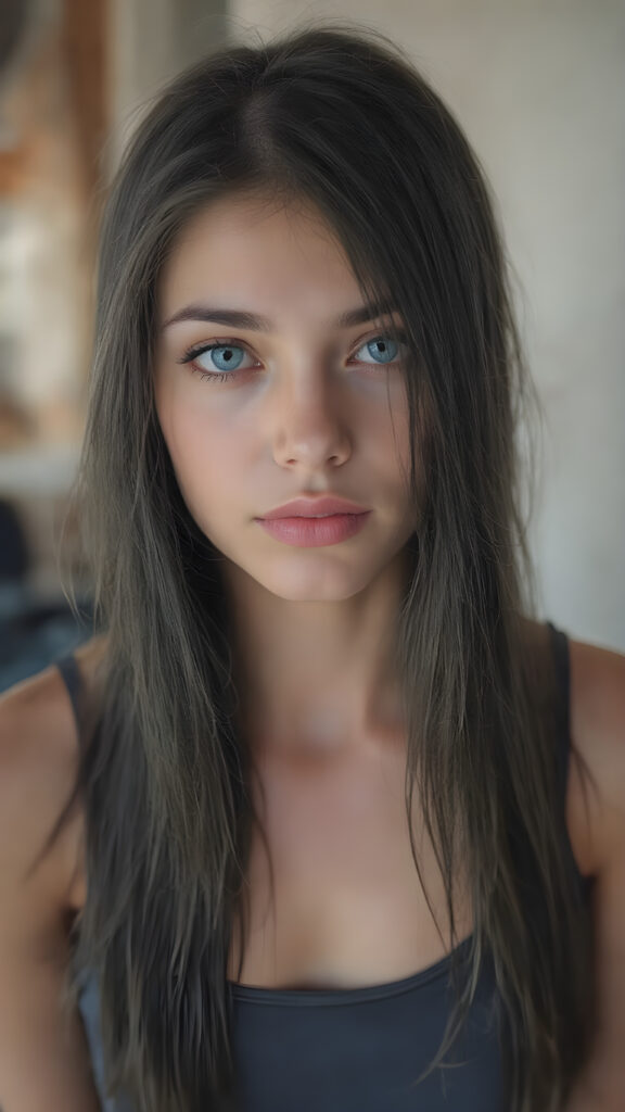 a (((highly detailed))) (((professional photograph))), capturing a cute, beautiful, realistic, with intricate details, (((teen girl))) with (long, straight jet black soft hair) (black eye shadows) and (melancholic sad eyes) that convey a sense of (being let down) by not getting the guy she wanted (who seems to be out of her league, with a (super cute face) that exudes (perfect beauty), featuring (large, glowing red lips) for a (full, realistic mouth) and (vividly blue eyes). She's (dressed in a sleek, cropped short tank top), her makeup is (gothic fantasy) inspired, with (black eye shadows) and (black eyelids) that frame her face beautifully. Every detail is (hyper realistic) and (highly detailed), from the (guy's perspective) looking into the camera with a (super wide angle) shot, full body, with the (girl) slightly smiling and (blushing) in a (friendly, warm outdoor setting)
