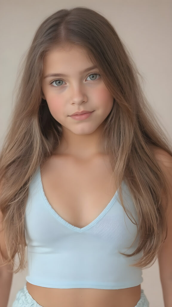 a (((highly detailed and HD full-body portrait))), featuring a (((beautiful young innocent girl, 13 years old))) with a ((tanned and glowing skin)), luxurious and flowing ((long soft straight light brown hair)), dressed in a ((light blue crop top)), deep v-neck, wide open front