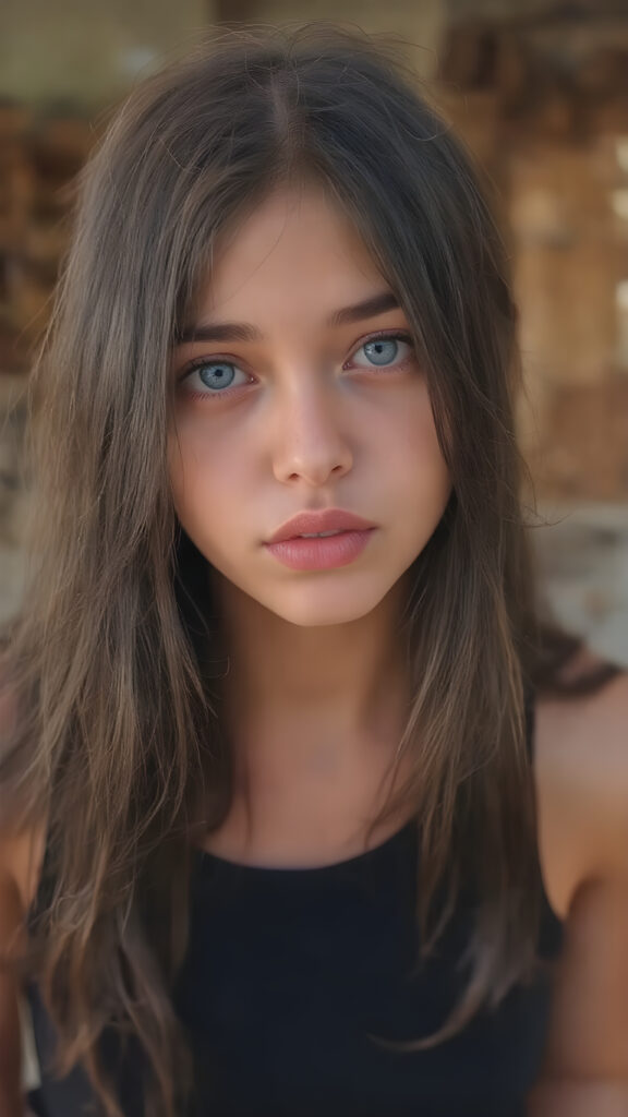 a (((highly detailed))) (((professional photograph))), capturing a cute, beautiful, realistic, with intricate details, (((teen girl))) with (long, straight jet black soft hair) (black eye shadows) and (melancholic sad eyes) that convey a sense of (being let down) by not getting the guy she wanted (who seems to be out of her league, with a (super cute face) that exudes (perfect beauty), featuring (large, glowing red lips) for a (full, realistic mouth) and (vividly blue eyes). She's (dressed in a sleek, cropped short tank top), her makeup is (gothic fantasy) inspired, with (black eye shadows) and (black eyelids) that frame her face beautifully. Every detail is (hyper realistic) and (highly detailed), from the (guy's perspective) looking into the camera with a (super wide angle) shot, full body, with the (girl) slightly smiling and (blushing) in a (friendly, warm outdoor setting)