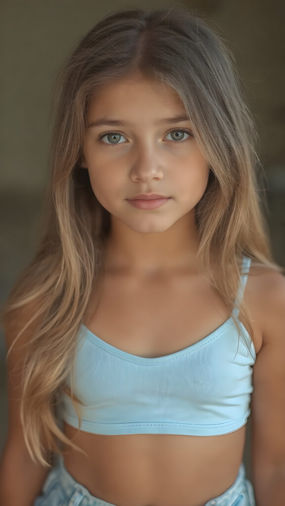 a (((highly detailed and HD full-body portrait))), featuring a (((beautiful young innocent girl, 13 years old))) with a ((tanned and glowing skin)), luxurious and flowing ((long soft straight light brown hair)), dressed in a ((light blue crop top)), deep v-neck, wide open front