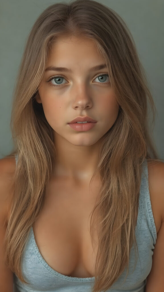 a (((highly detailed portrait))), featuring a (((beautiful young innocent well busty girl, 15 years old))) with a ((tanned skin)), luxurious and flowing ((long soft straight light brown hair)), round face, full lips, dressed in a ((light blue crop top)), deep v-neck, wide open front