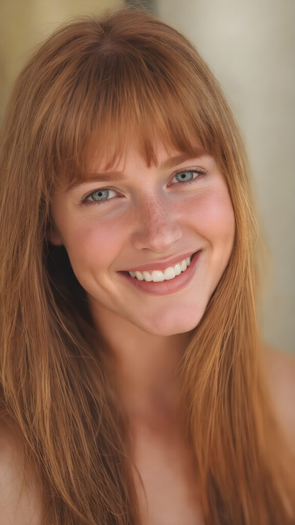 a (((highly detailed and realistic full-body photograph))), featuring a (((beautiful young ginger woman, freckles))) with ((extremely long, thick, soft straight and detailed red hair)) that flows down and perfectly natural skin that complements her flawless complexion. She’s smiling warmly white teeth, against a backdrop natural light and gold, with her artfully styled in a loose bangs frame her face beautifully. Light green eyes add a pop of color to the scene.
