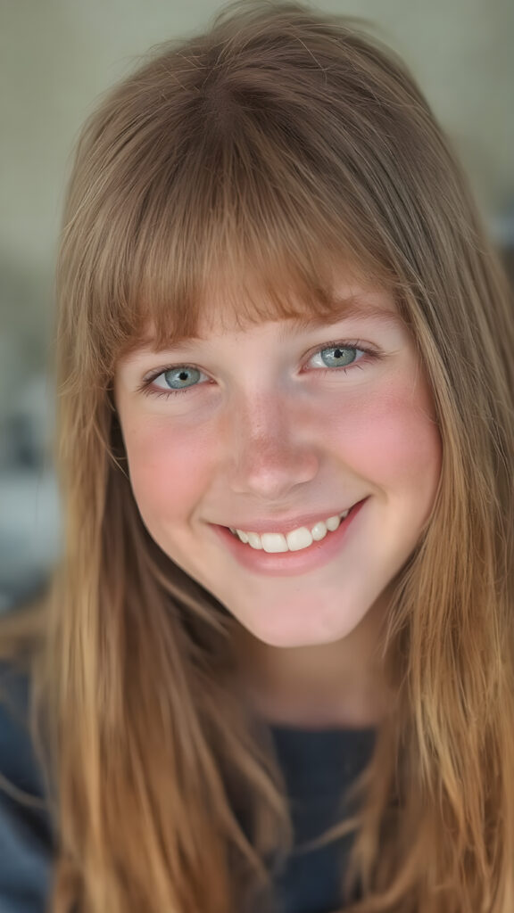 a (((highly detailed and realistic full-body photograph))), featuring a (((beautiful young ginger girl, freckles))) with ((extremely long, thick, soft straight and detailed hair)) that flows down and perfectly natural (pale skin) that complements her flawless complexion. She’s smiling warmly white teeth, against a backdrop of natural light, with her ((natural ginger hair)) artfully styled in a loose bangs frame her face beautifully. Light green eyes add a pop of color to the scene