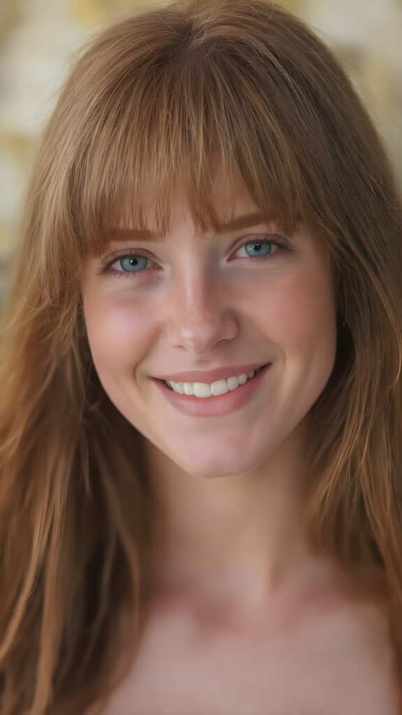 a (((highly detailed and realistic full-body photograph))), featuring a (((beautiful young ginger woman, freckles))) with ((extremely long, thick, soft straight and detailed red hair)) that flows down and perfectly natural skin that complements her flawless complexion. She’s smiling warmly white teeth, against a backdrop natural light and gold, with her artfully styled in a loose bangs frame her face beautifully. Light green eyes add a pop of color to the scene.