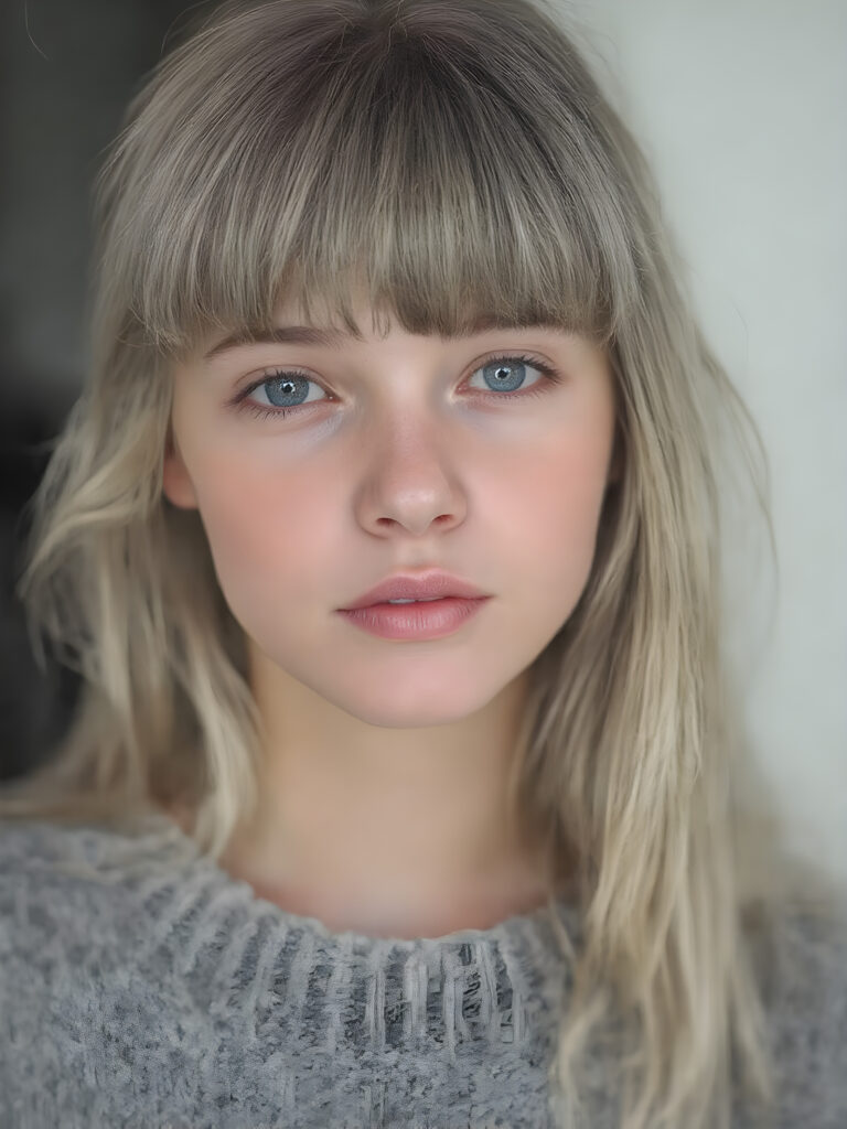 a ((highly detailed, realistic)) (((photo))), capturing a (((young teen girl))), with a delicate yet pale complexion, jet white thick straight hair with bangs, wearing a (((grey wool sweater))), ((stunning)), ((gorgeous)), ((light background)), ((perfect light and shadows)), ((crisp details)), ((rich colors)), (((photo realistic))), ((digital photography))