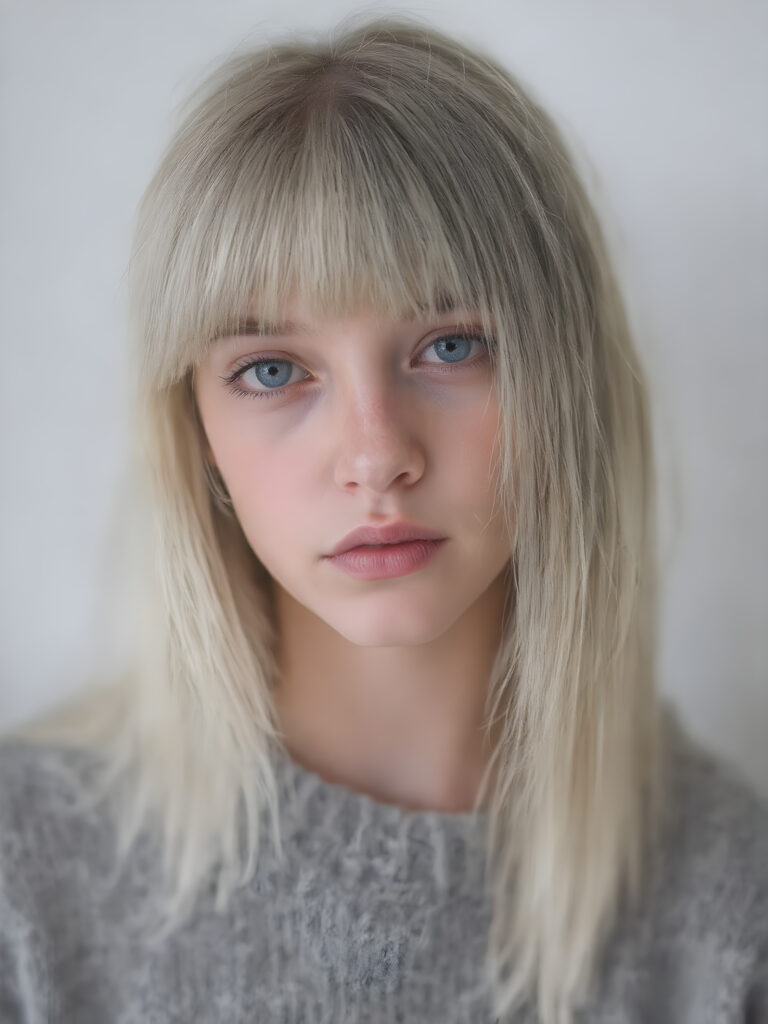 a ((highly detailed, realistic)) (((photo))), capturing a (((young teen girl))), with a delicate yet pale complexion, jet white thick straight hair with bangs, wearing a (((grey wool sweater))), ((stunning)), ((gorgeous)), ((light background)), ((perfect light and shadows)), ((crisp details)), ((rich colors)), (((photo realistic))), ((digital photography))