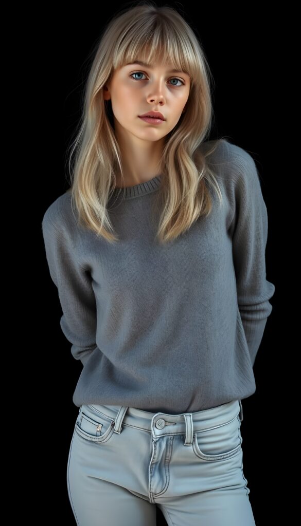 a ((highly detailed, realistic)) (((upper body photo))), capturing a (((young teen girl))), with a delicate yet pale complexion, jet white soft open straight hair with bangs, shoulder length hair, wearing a (((grey tight and fine wool sweater and light grey jeans))), ((stunning)), ((gorgeous)), ((black background)), ((perfect light and shadows)), ((crisp details)), ((rich colors)), (((photo realistic))), ((digital photography)), ((shades of grey)) 4k, HDR.