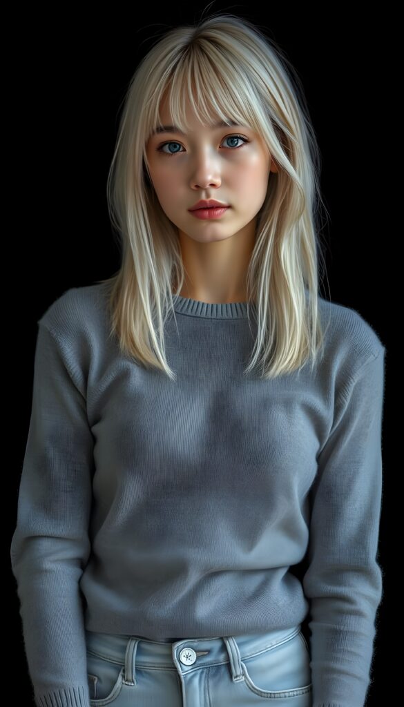 a ((highly detailed, realistic)) (((upper body photo))), capturing a (((young teen girl))), with a delicate yet pale complexion, jet white soft open straight hair with bangs, shoulder length hair, wearing a (((grey tight and fine wool sweater and light grey jeans))), ((stunning)), ((gorgeous)), ((black background)), ((perfect light and shadows)), ((crisp details)), ((rich colors)), (((photo realistic))), ((digital photography)), ((shades of grey)) 4k, HDR.