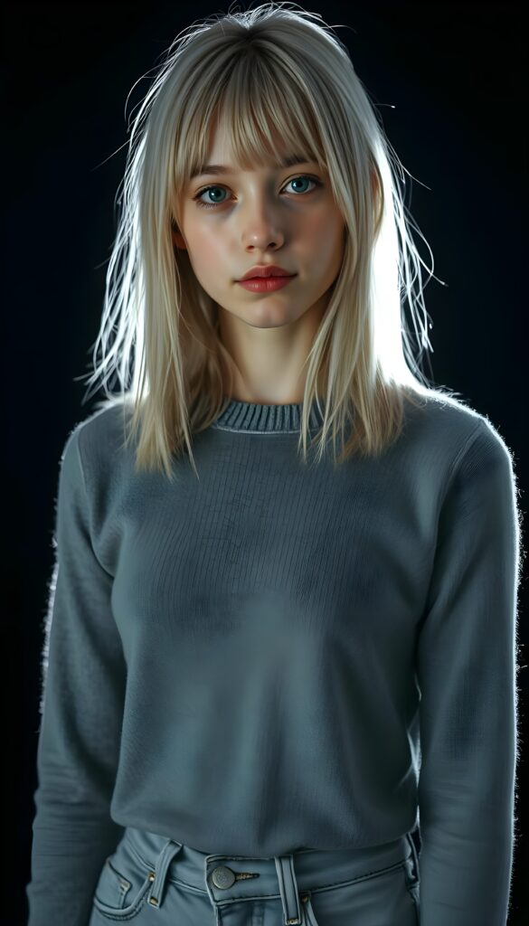 a ((highly detailed, realistic)) (((upper body photo))), capturing a (((young teen girl))), with a delicate yet pale complexion, jet white soft open straight hair with bangs, shoulder length hair, wearing a (((grey tight and fine wool sweater and light grey jeans))), ((stunning)), ((gorgeous)), ((black background)), ((perfect light and shadows)), ((crisp details)), ((rich colors)), (((photo realistic))), ((digital photography)), ((shades of grey)) 4k, HDR.