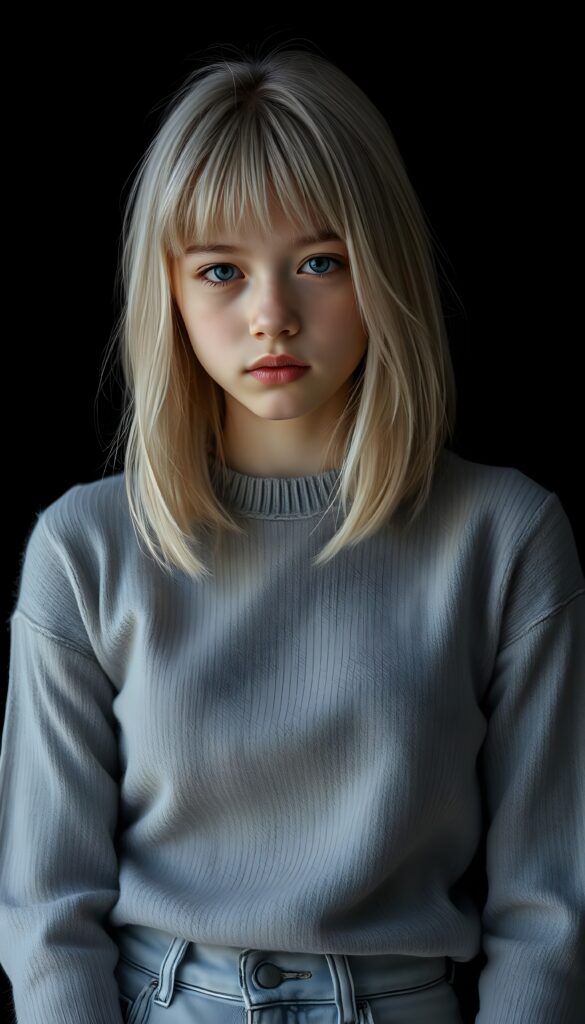 a ((highly detailed, realistic)) (((upper body photo))), capturing a (((young teen girl))), with a delicate yet pale complexion, jet white soft open straight hair with bangs, shoulder length hair, wearing a (((grey tight and fine wool sweater and light grey jeans))), ((stunning)), ((gorgeous)), ((black background)), ((perfect light and shadows)), ((crisp details)), ((rich colors)), (((photo realistic))), ((digital photography)), ((shades of grey)) 4k, HDR.