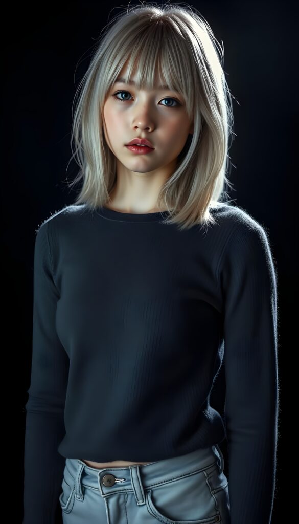 a ((highly detailed, realistic)) (((upper body photo))), capturing a (((young teen girl))), with a delicate yet pale complexion, jet white soft open straight hair with bangs, shoulder length hair, wearing a (((grey tight and fine wool sweater and light grey jeans))), ((stunning)), ((gorgeous)), ((black background)), ((perfect light and shadows)), ((crisp details)), ((rich colors)), (((photo realistic))), ((digital photography)), ((shades of grey)) 4k, HDR.
