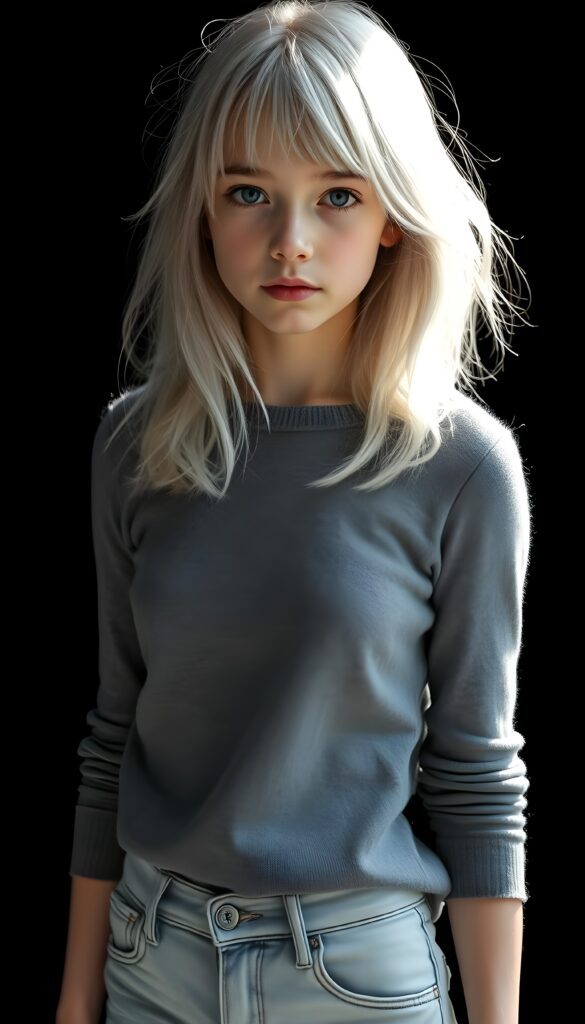a ((highly detailed, realistic)) (((photo))), capturing a (((young teen girl))), with a delicate yet pale complexion, jet white soft open straight hair with bangs, shoulder length hair, wearing a (((grey wool sweater and grey jeans))), ((stunning)), ((gorgeous)), ((black background)), ((perfect light and shadows)), ((crisp details)), ((rich colors)), (((photo realistic))), ((digital photography)), ((shades of grey)) 4k, HDR.