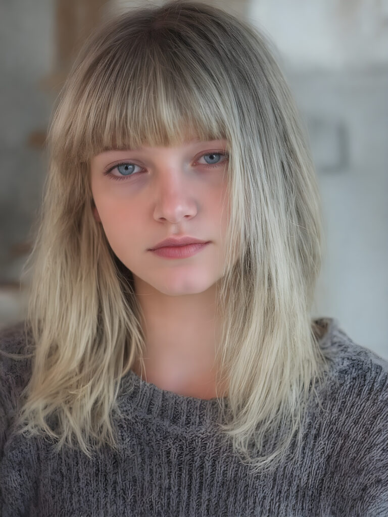 a ((highly detailed, realistic)) (((photo))), capturing a (((young teen girl))), with a delicate yet pale complexion, jet white thick straight hair with bangs, wearing a (((grey wool sweater))), ((stunning)), ((gorgeous)), ((light background)), ((perfect light and shadows)), ((crisp details)), ((rich colors)), (((photo realistic))), ((digital photography))