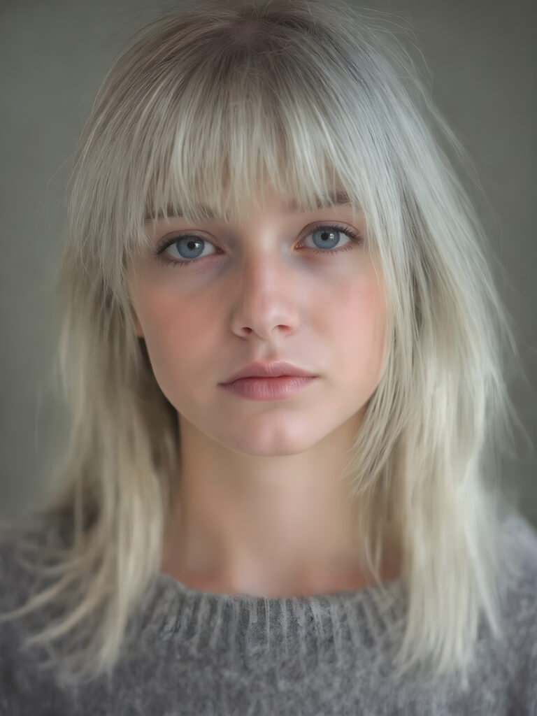a ((highly detailed, realistic)) (((photo))), capturing a (((young teen girl))), with a delicate yet pale complexion, jet white thick straight hair with bangs, wearing a (((grey wool sweater))), ((stunning)), ((gorgeous)), ((light background)), ((perfect light and shadows)), ((crisp details)), ((rich colors)), (((photo realistic))), ((digital photography))